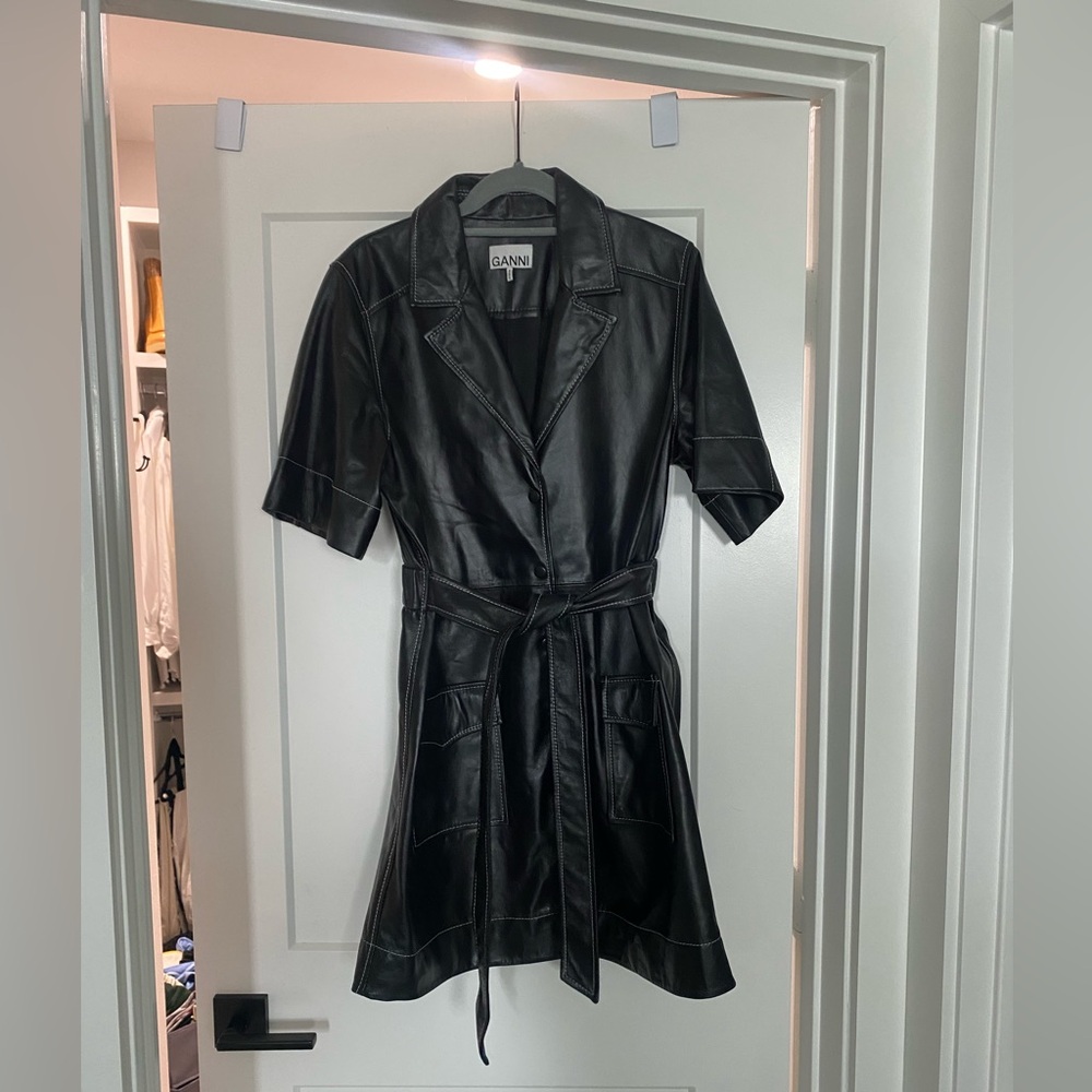 Ganni - leather short sleeve coat dress